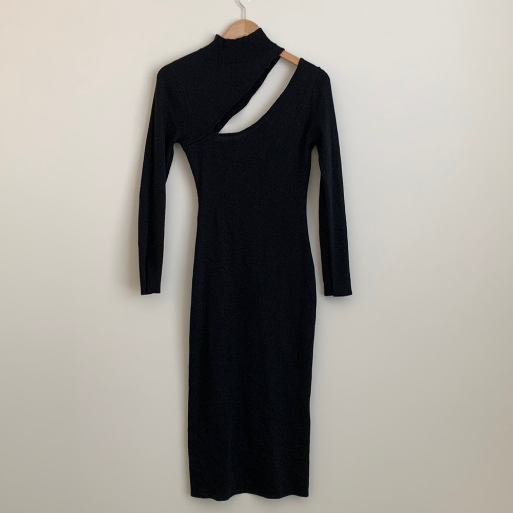 Black Metallic Turtleneck Long-sleeve Dress, Small
